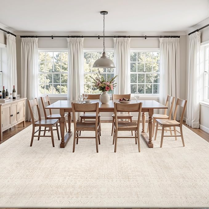 6x9 Area Rugs for Living Room: Vintage Boho Neutral Washable Rug Indoor Soft Large Area Rug Carpet for Bedroom Nursery Farmhouse Dining Room Office Floor Non-Slip Low Pile Under Table Rug Beige