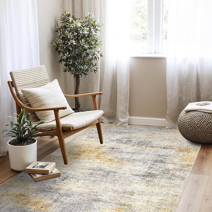 4x5 Washable Entryway Area Rug: Modern Abstract Runner Rugs Indoor Soft Non Slip Door Mat for Living Room Low Pile Thin Floor Carpet for Kitchen Dining Room Bedroom Home Office Decor(4x5,Grey/Yellow)