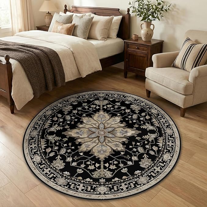 Area Rugs 4ft Washable Non-Slip, Floral Vintage Distress Print Pattern Medallion Carpet for Living Room Bedroom Dining Room, Black Brown Neutral Dark Tan