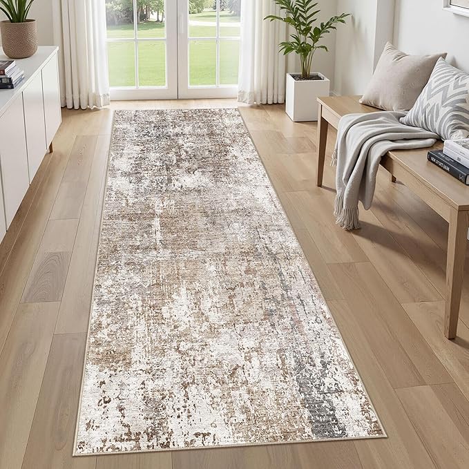 UERMEI 3X8 Washable Runner Rug for Hallway: Soft Neutral Modern Abstract Area Rug - Non-Slip Low Pile Long Throw Indoor Carpet for Kitchen Entryway Kitchen Bedroom Laundry Bathroom - Brown/Grey/Red