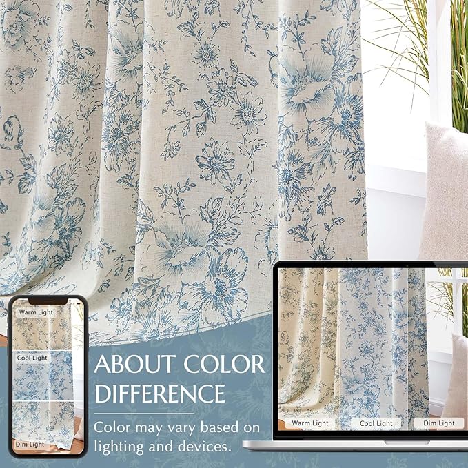 jinchan Blackout Floral Curtains for Living Room Bedroom Linen Blend Curtain Farmhouse Blue Printed with Lined Back Tab Rod Pocket Drapes Window Treatments 2 Panels 63 Inch
