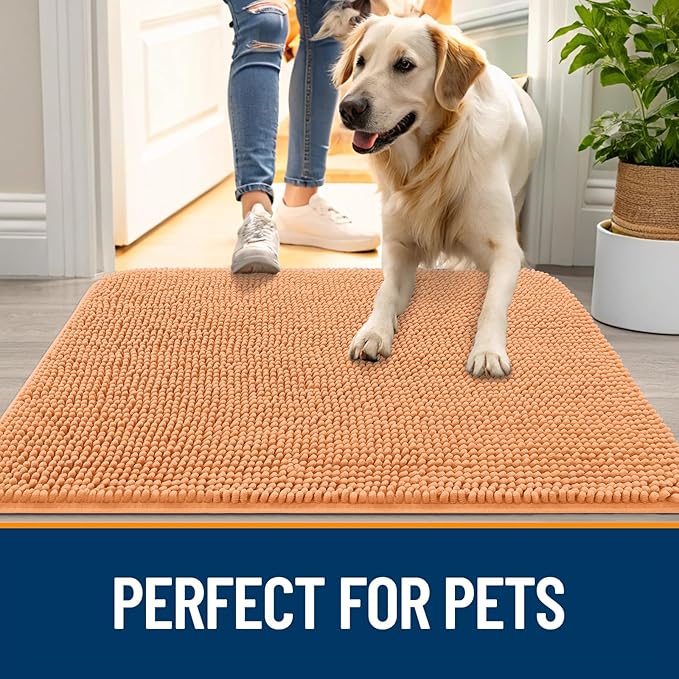 OLANLY Dog Door Mat for Muddy Paws 32x20, Absorbs Moisture and Dirt, Absorbent Non-Slip Washable Doormat, Quick Dry Chenille Mud Mat for Dogs, Entry Indoor Entryway Carpet for Inside Floor, Orange