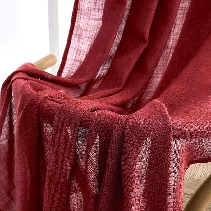 MIULEE Burgundy Red Linen Curtains 96 Inch Long for Bedroom Living Room, Soft Thick Linen Textured Window Drapes Semi Sheer Light Filtering Rod Pocket Back Tab Christmas Burlap Look, 2 Panels