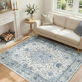 Area Rugs 4'x6' Washable Non-Slip, Floral Vintage Distress Print Pattern Medallion Carpet for Living Room Bedroom Dining Room, Light Blue Navy Beige Gray White