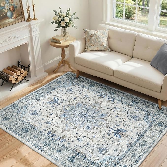 Area Rugs 4'x6' Washable Non-Slip, Floral Vintage Distress Print Pattern Medallion Carpet for Living Room Bedroom Dining Room, Light Blue Navy Beige Gray White