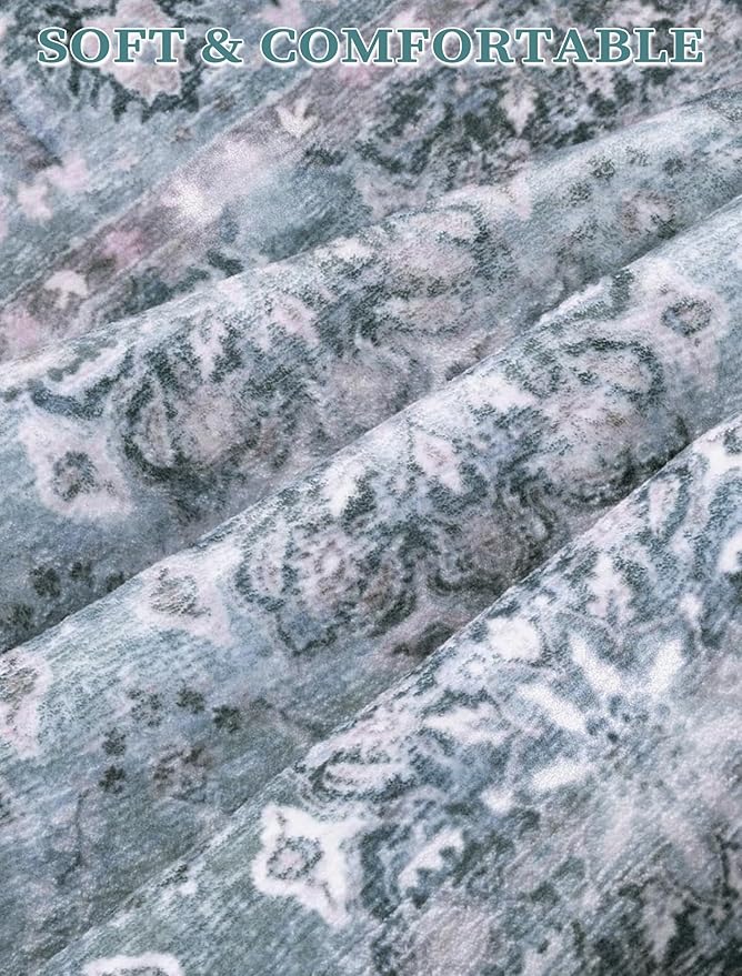 SERISSA Boho Washable Runner Rug, 2'6"x10' Long Non-Slip Vintage Floral Hallway Kitchen Stair Runner Rug Ultra Soft Print Distressed Blue Grey Floor Carpet for Bathroom Laundry Room