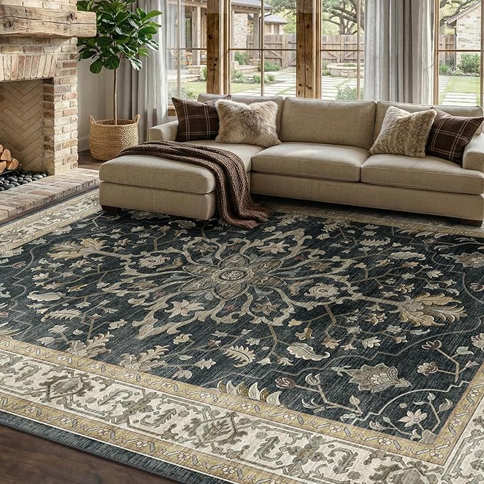 Area Rugs 8'x10' Washable Non-Slip, Floral Vintage Distress Print Pattern Medallion Carpet for Living Room Bedroom Dining Room, Vintage Black Brown Neutral
