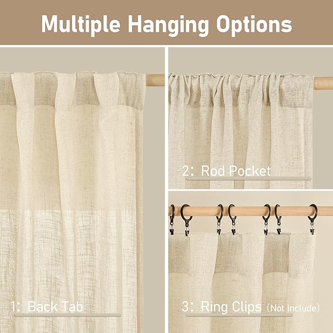 LAMIT Beige Linen Curtains 63 inches Long, Light Filtering Linen Textured Semi Sheer Back Tab and Rod Pocket Boho Drapes for Bedroom/Living Room, 2 Panels, 70 x 63 Inch