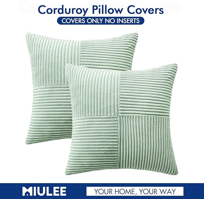 MIULEE Mint Decorative Throw Pillow Covers 20x20 Inch for Couch Bed Sofa Pack of 2 Boho Farmhouse Throw Pillows Soft Cross Corduroy Patchwork Textured Cushion Cases