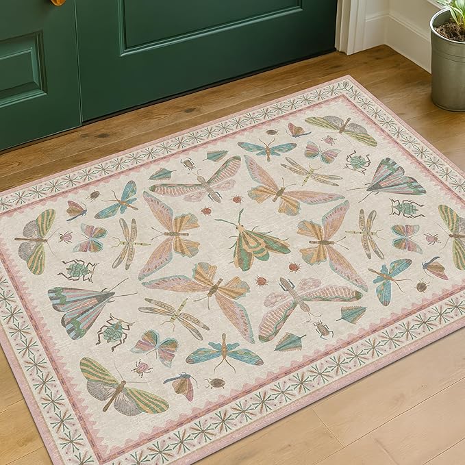 Hazo Haus Light Pink Washable Bathroom Rug - 2x4 Small Kitchen Rugs for Powder Room, Front Door Indoor Entrance, Low Pile Stain Resistant, Colorful Pastel Aethestic
