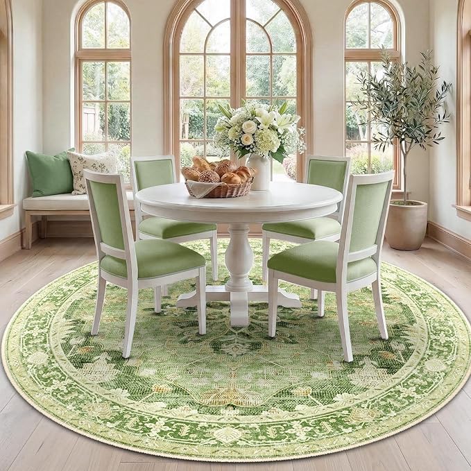 Area Rugs 7ft Washable Non-Slip, Floral Vintage Distress Print Pattern Medallion Carpet for Living Room Bedroom Dining Room, Sage Green Yellow