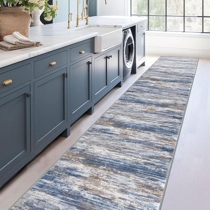 KOZYFLY Modern Abstract Washable Rug Runner 2.6x18 Hallway Rug Runner Non-Slip Soft Kitchen Runner Rugs, Blue Rust Striped Carpet for Entryway Bathroom Laundry Room Foyer