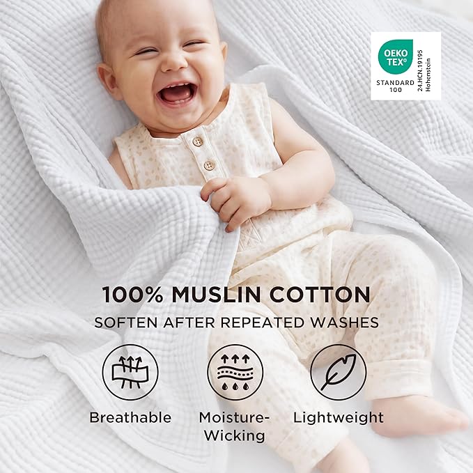 Bedsure 100% Cotton Muslin Throw Blanket Large 50x70 Inches - 4-Layer Breathable and Lightweight Thin Soft Summer Gauze Muslin Blankets for Adults, White, Boho Cotton Throw for Couch
