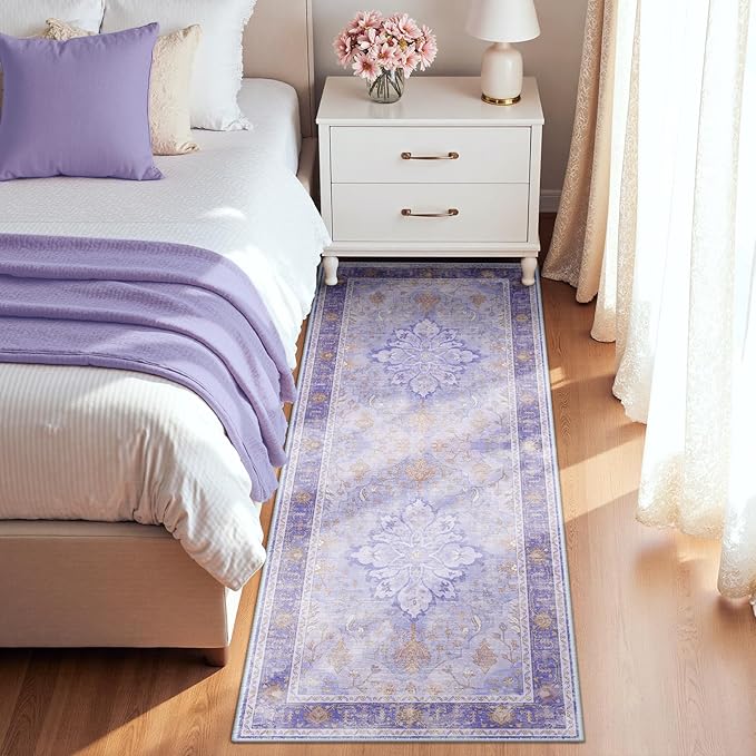 Area Rugs 2'x6' Runner Rug Non Slip Washable for Kitchen Hallway Bedroom Beside Laundry Room Bathroom Rug, Floor Carpet, Light Purple Brown