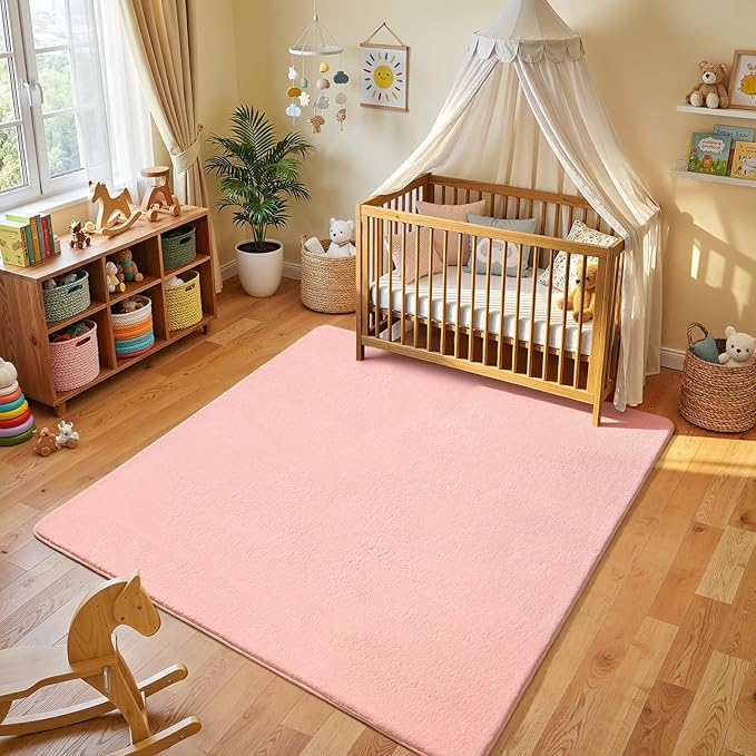 Amearea 4x4 Square Area Rugs for Bedroom Living Room, Modern Pink Thickened Memory Foam Rug, Fluffy Indoor Washable Rug Non Slip Minimalist Carpet for Entryway Kids Boys Girls Dorm Nursery Room Decor