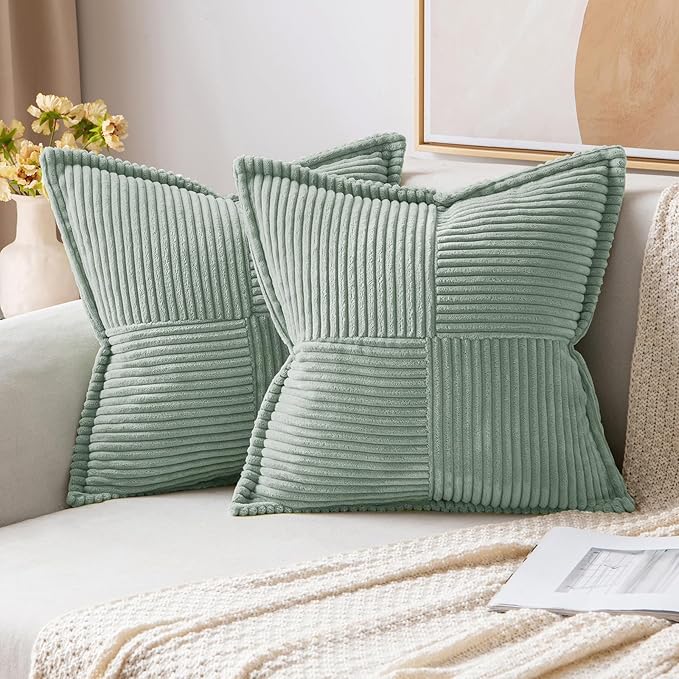 MIULEE Spring Decorative Throw Pillow Covers for Couch Bed Livingroom 16x16 Inch Set of 2 Greyish Green Boho Accent Throw Pllows Broadside Striped Patchwork Soft Corduroy Summer Pillowcases