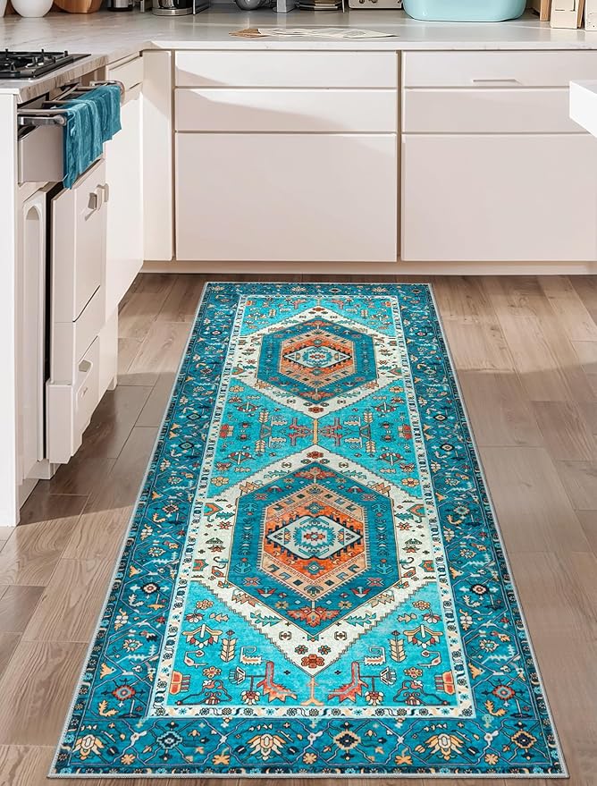 SERISSA Boho Washable Runner Rug, 2x6 Rug Runner Non-Slip Vintage Blue Hallway Kitchen Runner Rug Ultra Soft Print Distressed Tribal Floor Carpet Runner for Bedroom Bathroom Laundry Living Room