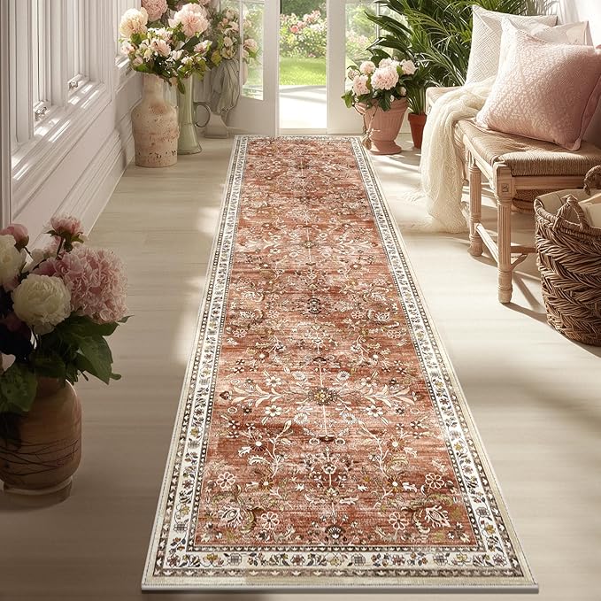 Yamaziot Washable Runner Rug 2x8 – Non Slip Boho Floral Hallway Runner Rug with Rubber Backing, Low Pile Wool Distressed Carpet for Kitchen, Laundry, Bedroom, Entrance, Brick-red