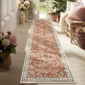 Yamaziot Washable Runner Rug 2x8 – Non Slip Boho Floral Hallway Runner Rug with Rubber Backing, Low Pile Wool Distressed Carpet for Kitchen, Laundry, Bedroom, Entrance, Brick-red