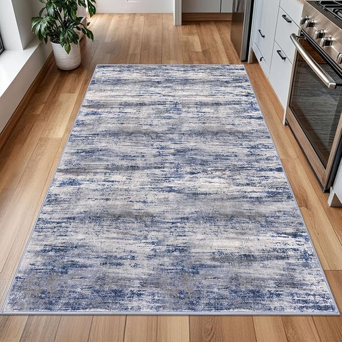 KOZYFLY 4x6 Area Rug Modern Abstract Washable Large Rugs for Entryway Non-Slip Soft Living Room Rug, Print Grey-Blue Throw Rugs Indoor Mat for High-Traffic Door Entrance, Laundry, Nursery, Bedroom