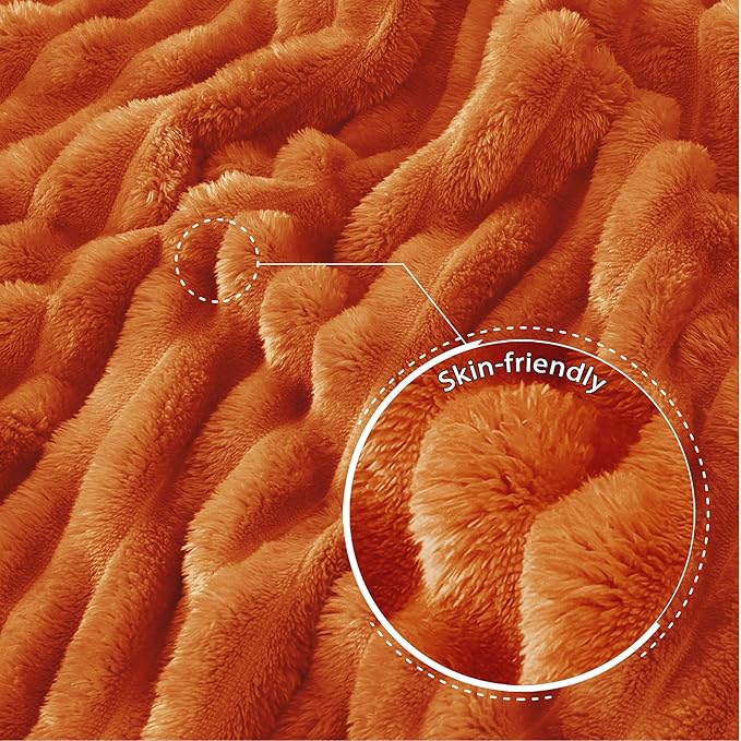 Exclusivo Mezcla Queen Size Flannel Fleece Blanket, Super Soft Striped Jacquard Bed Blanket, Lightweight Fuzzy Cozy for All Seasons, 90x90 Inches, Burnt Orange