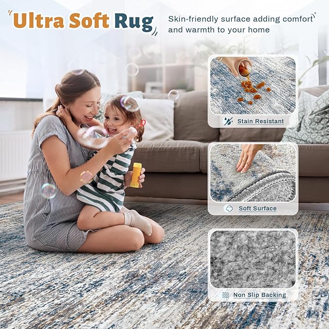 XLUEZ 5x7 Area Rugs for Living Room, Washable Modern Abstract Large Area Rug Neutral Soft Non Slip Kids Rug Stain Resistant Indoor Carpet for Bedroom Nursery Dining Room Playroom(BlueWhite, 5'x7')