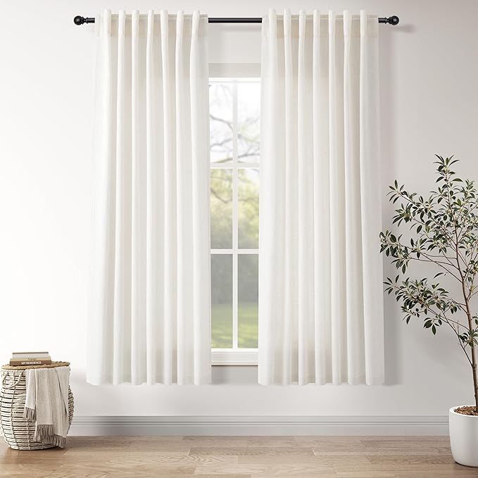 Nanspring Ivory White Linen Curtains 63 Inches Long for Living Room Back Tab Pocket Natural Light Filtering Privacy Translucent Ivory White Cotton Texture 52X63, 2 Panels