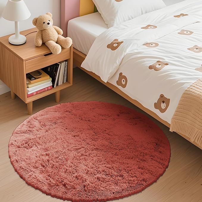 OLANLY Rust Red Round Rugs for Bedroom - Machine Washable, 3 ft Circle Area Rugs for Living Room, Soft and Fluffy Shaggy Carpet for Teen Girl and Boys, Nursery Rooms, Dorms, Home Decor Aesthetic