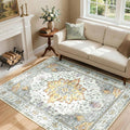 Area Rugs 4'x6' Washable Non-Slip, Floral Vintage Distress Print Pattern Medallion Carpet for Living Room Bedroom Dining Room, Light Yellow Carbon Grey Orange