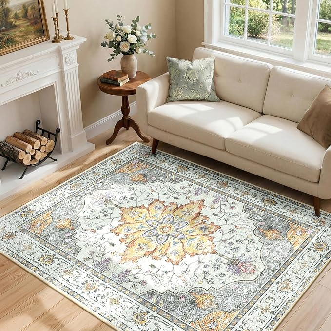 Area Rugs 4'x6' Washable Non-Slip, Floral Vintage Distress Print Pattern Medallion Carpet for Living Room Bedroom Dining Room, Light Yellow Carbon Grey Orange