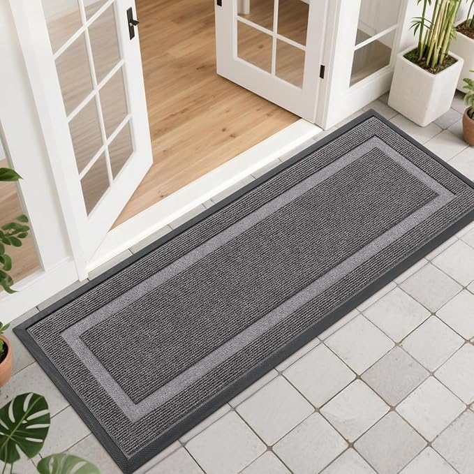 OLANLY Front Door Mat Indoor Outdoor Entrance, Waterproof All-Season, All-Weather Doormat, Sturdy Natural Rubber, Fade Resistant, Low Profile, Easy Clean Patio Porch Entryway Mat, 47x17, Dark Grey