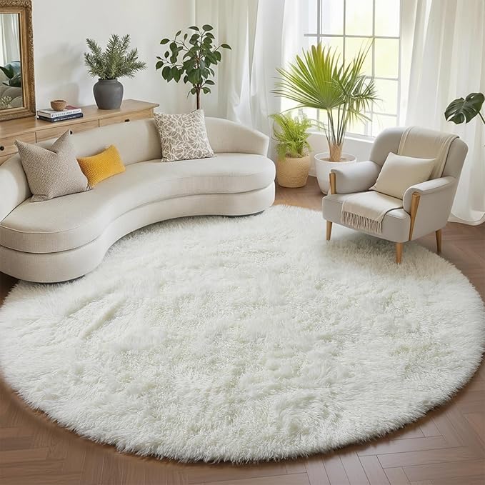 ONASAR Cream White Round Area Rugs 6ft, Fluffy Soft Bedroom Circle Rug Floor Mat for Kids Girls Boys Teen Room, Fuzzy Plush Shaggy Carpet for Baby Nursery Living Room Playroom Dorm Home Decor
