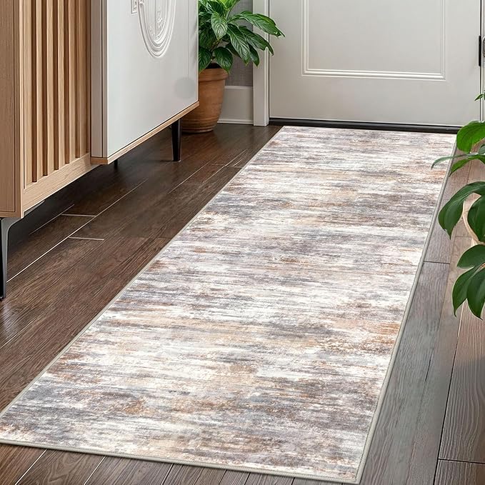KOZYFLY Kitchen Runner Rug for Hallway Non-Slip Modern Abstract Runner Rug 2x5 Multi Grey/Orange, Washable Carpet Runner Laundry Room Mat with Soft Low Pile for Entryway Bathroom