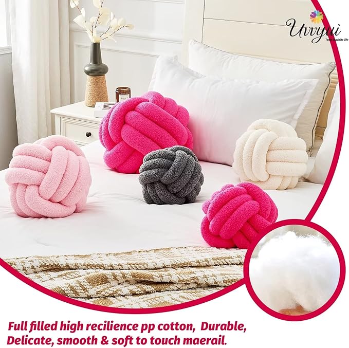 Uvvyui Knot Pillow Ball, Soft Home Decorative Pillows, Round Throw Pillow, Handmade Knotted Plush Pillow, Round Boucle Pillow Cushion (8.6 Inches Hot Pink)