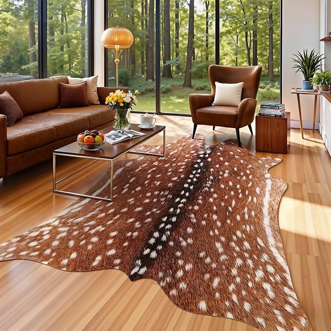 AROGAN Premium Deer Print Rug 5.2x6.2 Feet, Machine Washable Faux Fur Rug, Non-Slip Animal Print Hide Deer Skin Area Rug for Bedroom Living Room Home Decor