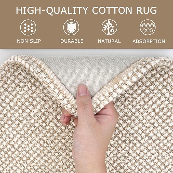 KOZYFLY Rugs for Entryway 3x5 ft Washable Area Rug Non Slip Rubber Backed Entry Rug Woven Indoor Door Mat Cotton Kitchen Rugs Floor Carpet for Entryway, Foyer, Backdoor, Ivory/Khaki