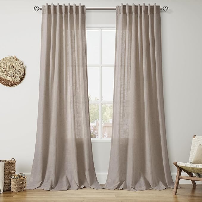 Nanspring Ecru Curtains 102 Inches Long for Living Room Linen Blend Light Filtering Semi Sheer Curtain Back Tab Rustic Decor Natural Farmhouse Floor to Ceiling Boho Drapes for Bedroom 52x102, 2 Panels