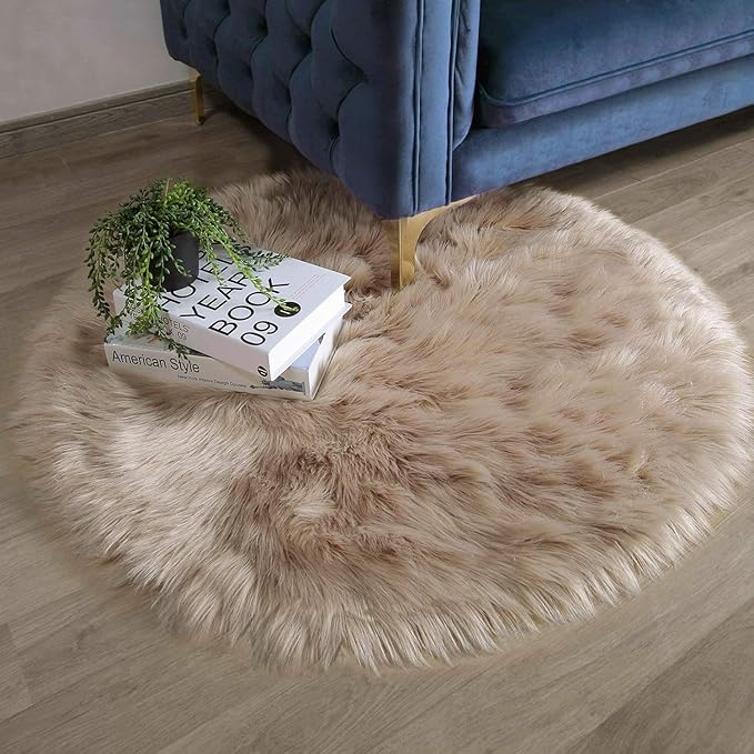 Ashler Faux Fur Rug - Fluffy Shaggy Area Rug, Ultra Soft 3 x 3 Feet Round, Beige Fuzzy Machine Washable Shag, Nursery Decor Throw for Bedroom, Kids Room, Living Room