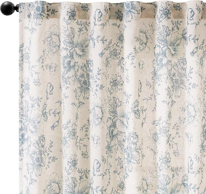 jinchan Linen Blend Curtain Floral Curtains for Living Room 96 Inch Length Blue Printed Curtain Rod Pocket Back Tab Farmhouse Peony Flower Patterned Drapes Bedroom Window Curtains Set 2 Panels