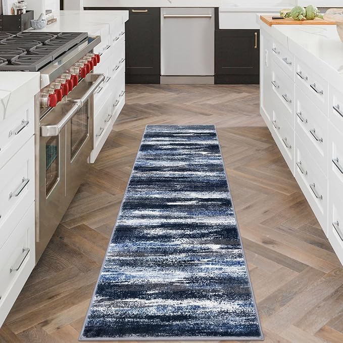 Lansny Modern Abstract Runner Rug 2x6, Navy Blue Washable Kitchen Runner Non-Slip Soft Hallway Rug Runner Thin Print Faux Wool Carpet for Entryway Bedroom Laundry Room Indoor Home Decor