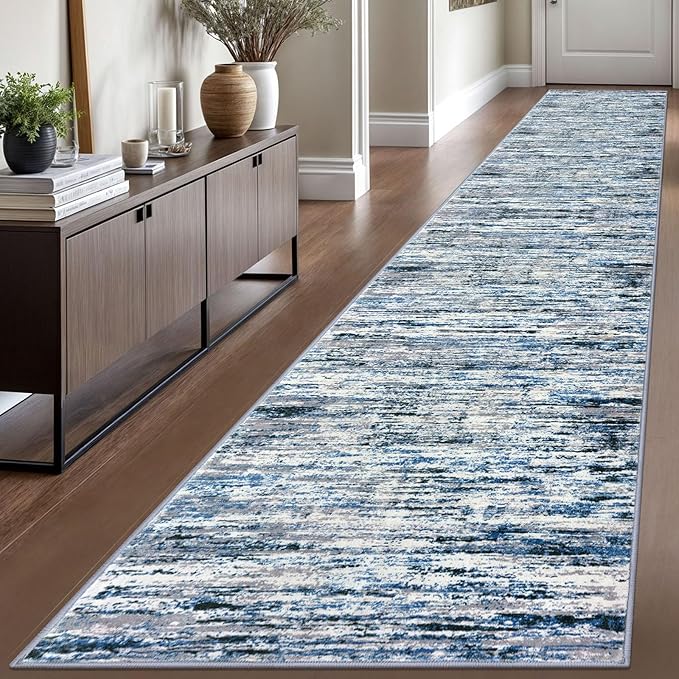 Lansny Modern Abstract Runner Rug 2.6x16, Grey Blue White Washable Long Kitchen Runner Non-Slip Soft Hallway Rug Runner Thin Print Faux Wool Carpet for Entryway Bedroom Laundry Room Indoor Home Decor