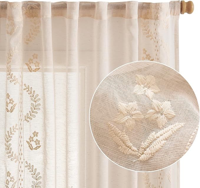 jinchan Belrose Linen Sheer Curtains for Living Room 63 Inch Length Sheer Voile Embroidered Floral Curtains for Bedroom Light Filtering Rod Pocket Window Treatments Farmhouse Decor 2 Panels Beige
