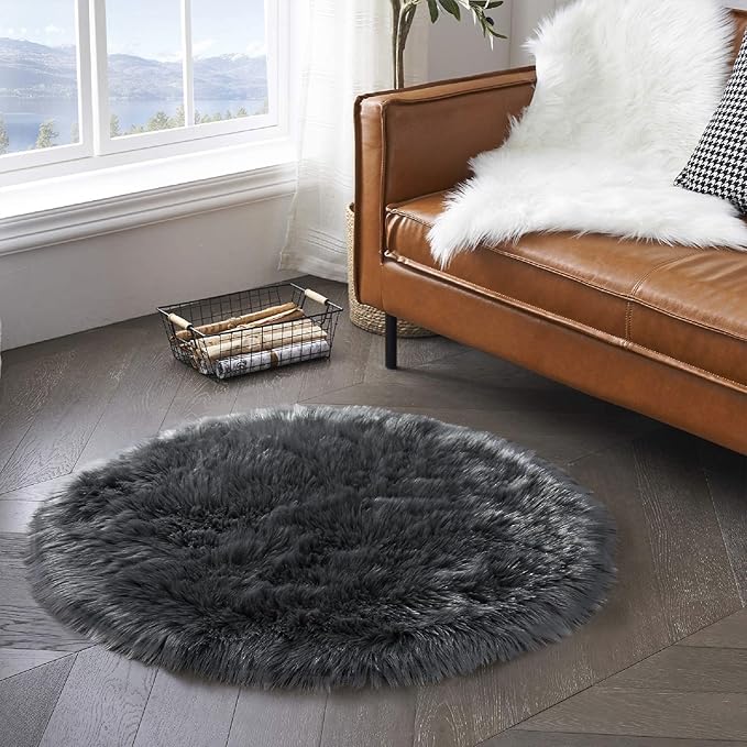 Latepis Dark Grey Round Rug 3ft Faux Fur Circle Rug Fluffy Furry Fuzzy Rug Sheepskin Rugs for Living Room Bedroom Shag Rug Cute Room Décor