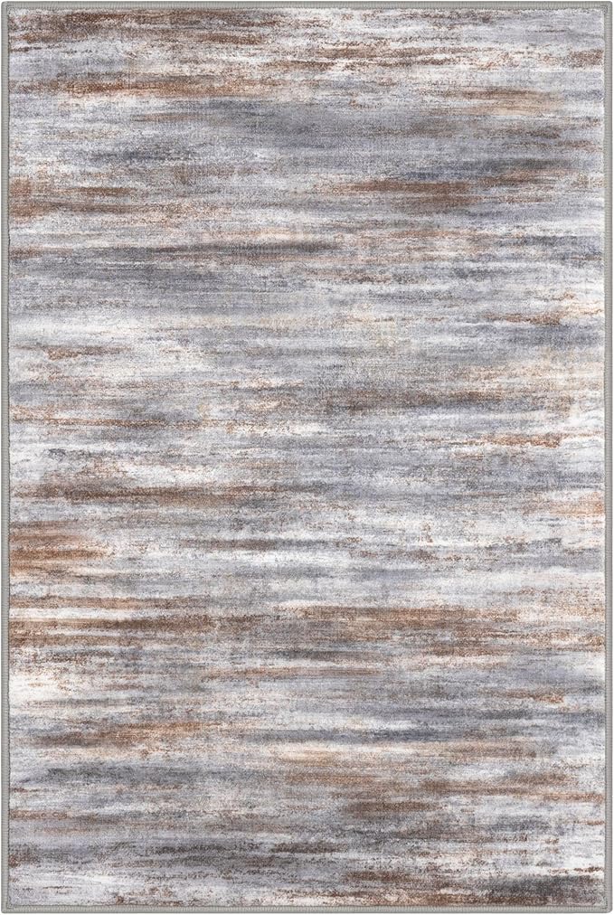 KOZYFLY Modern Abstract Small Area Rugs 2x3, Washable Kitchen Rug Non-Slip Soft Small Bathroom Rug, Grey Brown Striped Entryway Rugs Print Faux Wool Doormat for Bedside Entrance Bedroom Sink