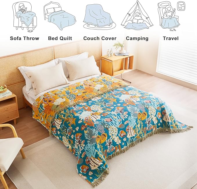 MSGKV Throw Blanket for Bed Cotton Cute Ocean Animals Twin Size Couch Blanket 60"x80" Muslin Spring Breathable All Seasons Lightweight Farmhouse Home Decor
