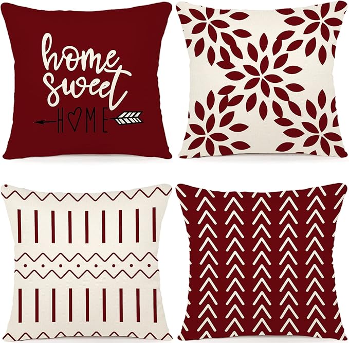 YCOLL Christmas Pillow Covers 18x18 Set of 4, Modern Sofa Throw Pillow Cover for Christmas Decor, Decorative Outdoor Linen Fabric Pillow Case for Couch Bed Car, Wine Red