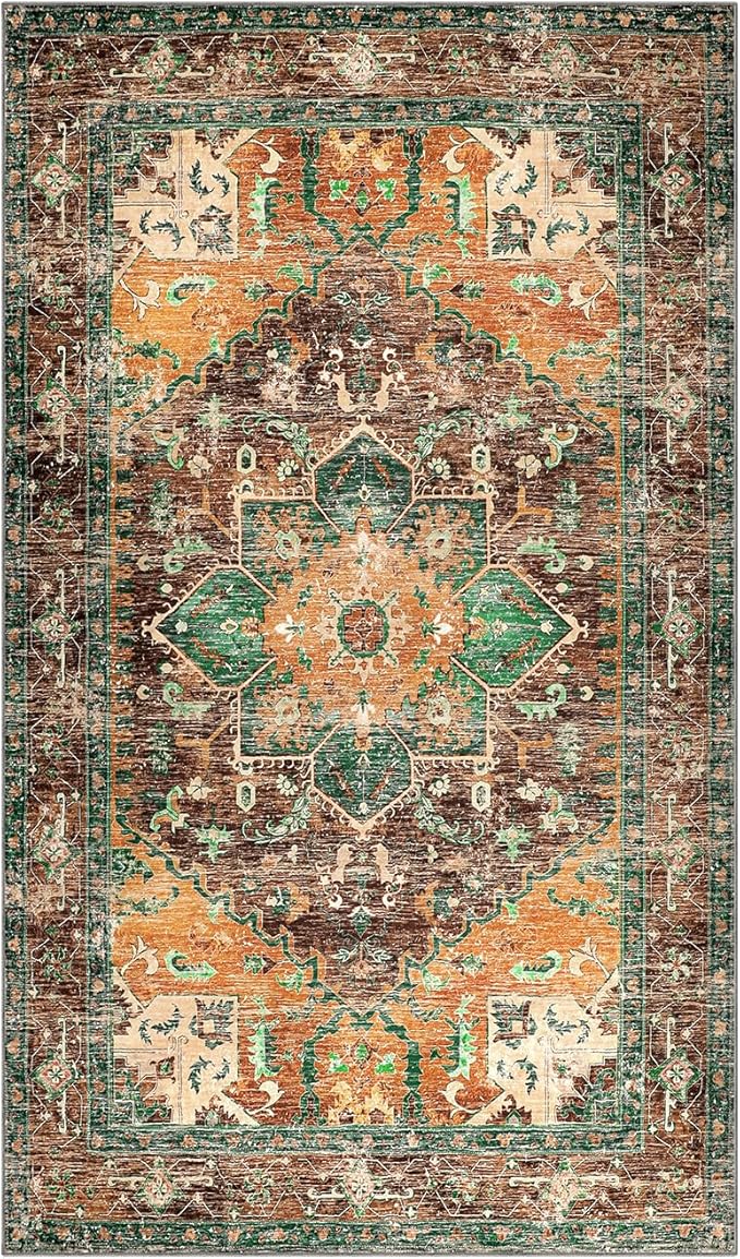 Yamaziot Washable Area Rug, 4x6 Non-Slip Boho Vintage Living Room Bedroom Rug with Rubber Backing, Low Pile Faux Wool Soft Distressed Rug Floor Carpet for Living Room, Laundry, Kids Playroom