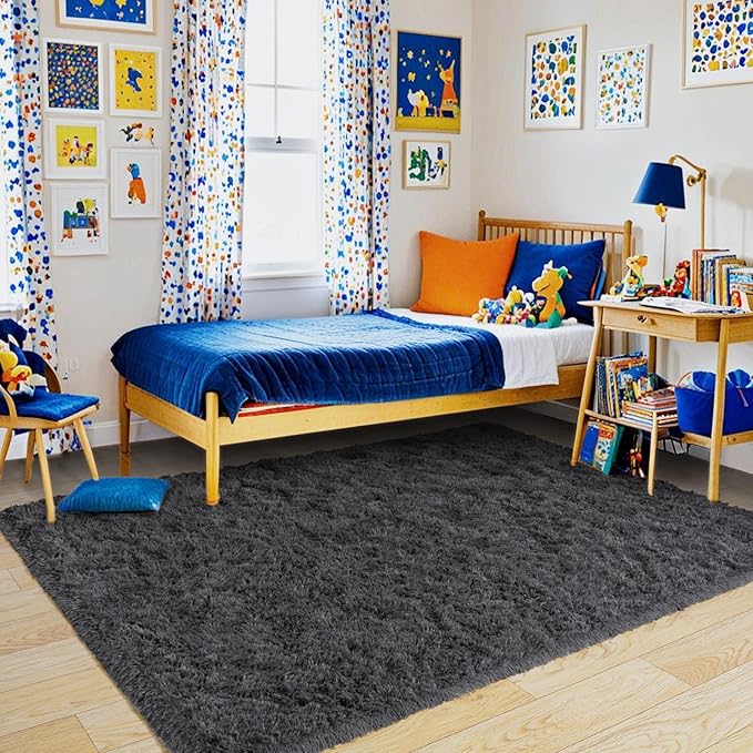 Pionblank Super Fluffy Area Rug for Living Room 5x7 Feet, Modern Indoor Shaggy Carpet, Soft Plush Non Slip Rugs for Bedroom Kids Room Teens Dorm Cloakroom Home Decor, Charcoal Grey