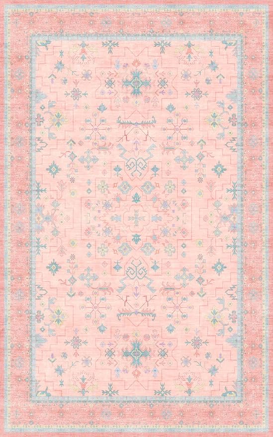 Hazo Haus Pink and Blue Washable 5x8 Living Room Rugs, Boho Aethestic Oushak Vintage Area Rug for Bedroom Girls Kids Playroom Nursery Room, Non-Slip Rubber Backing Stain Resistant