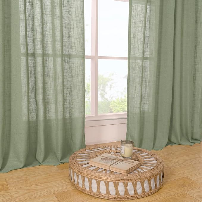 LAMIT Sage Green Linen Curtains 63 Inch for Bedroom, Light Filtering Neutral Semi Sheer Window Curtains Back Tab and Rod Pocket Christmas Panels, 2 Panels, 52 x 63 Inch